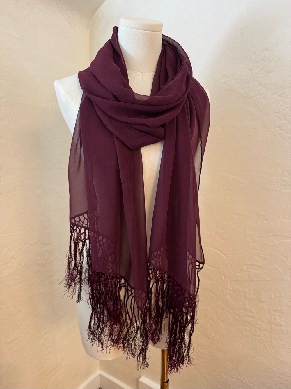 Vintage ECHO Burgundy Sheer Wrap Scarf Shawl Fringe 21” x 90” NWT